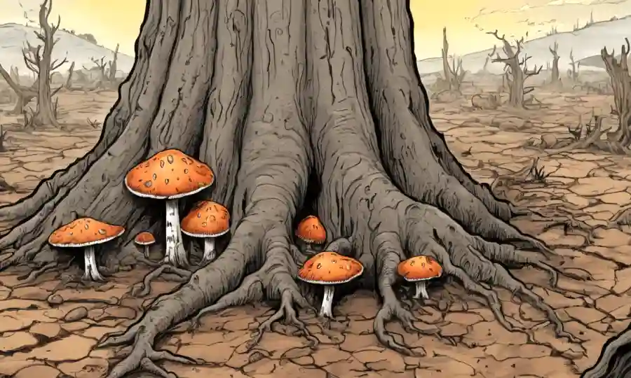 Fungi creciendo en un tronco de árboles en medio de daños relacionados con el clima (por ejemplo, sequía, incendios forestales).