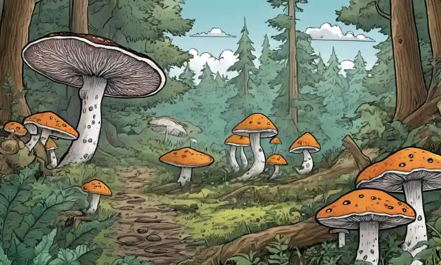 Los hongos crecen en un ecosistema forestal, con indicadores de cambio climático y gráficos de diversidad.