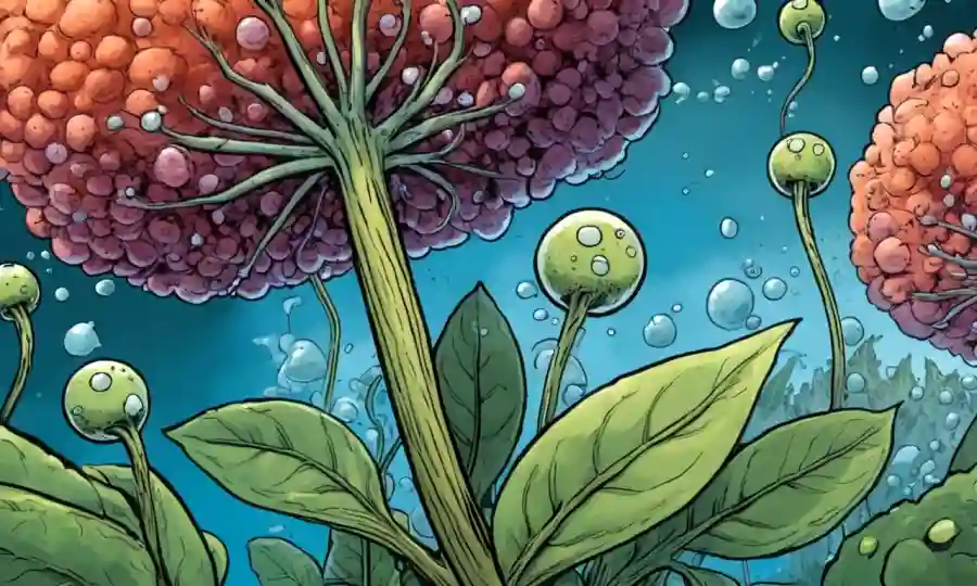 Imagen de cerca de las moléculas de gas dióxido de carbono que interactúan con hongos endofiticos en los tejidos de las plantas.