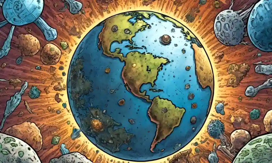 globo terrestre con un diseño similar a la alarma alrededor de ella, rodeado de crecimientos microscópicos del endofungal.