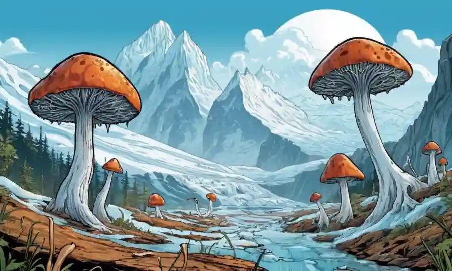 Fungi creciendo en medio de un fondo de glaciares fundidos o bosques templados.