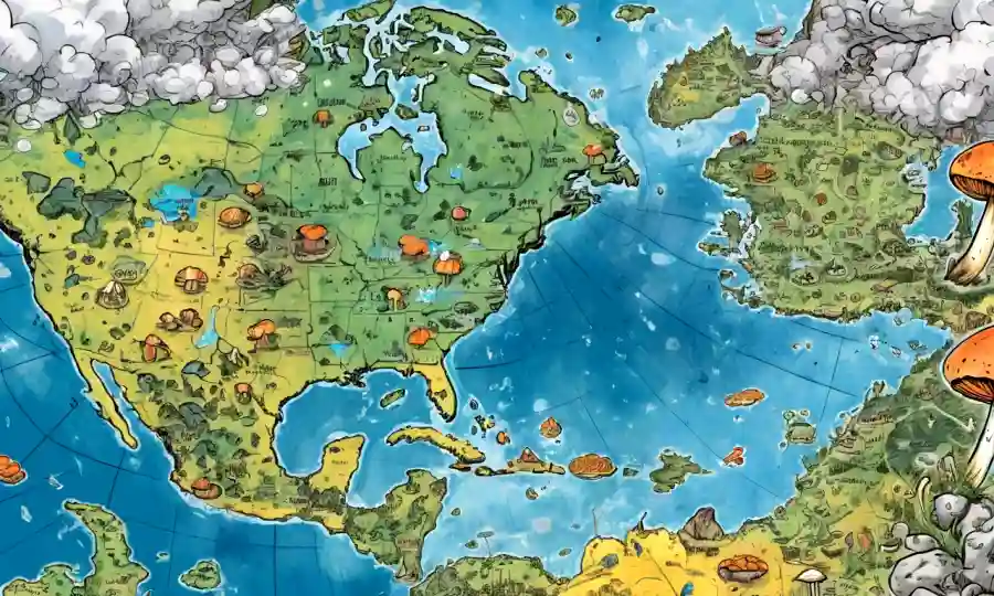 Mushrooms en medio de la devastación-induciendo eventos meteorológicos en un mapa de la Tierra con gráficos.