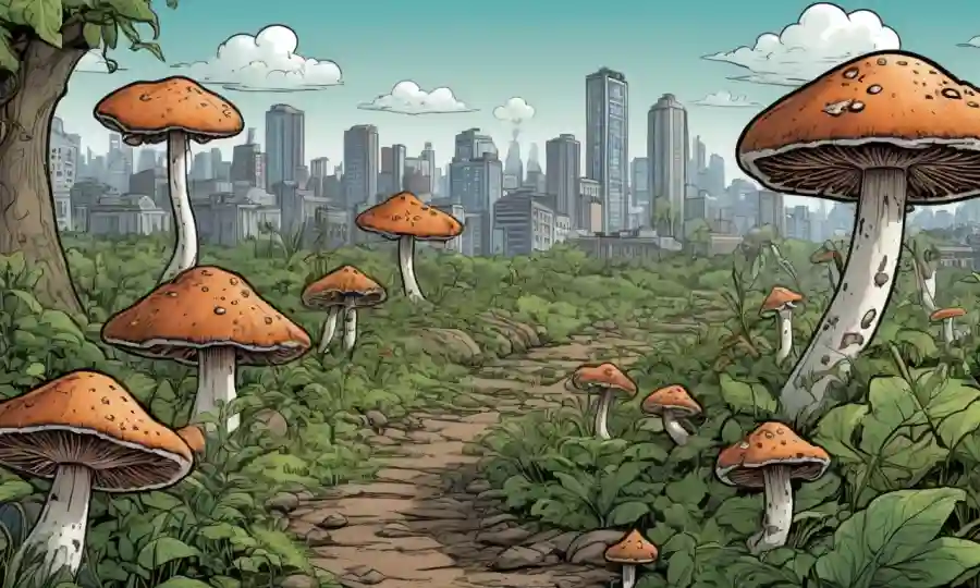 Fungi prosperando en un ambiente verde exuberante antes, marchándose a parches secos después, en medio de un paisaje urbano.