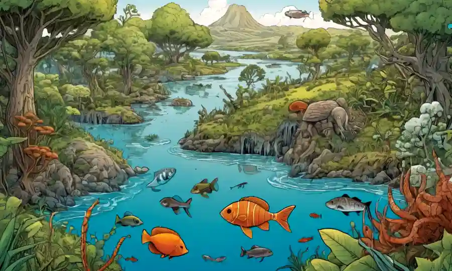 Ilustraciones de diversos ecosistemas, con especies entrelazadas, rodeadas de elementos sutiles del cambio climático.