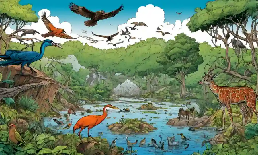 Gráficos e ilustraciones de especies interconectadas en medio de un entorno natural deteriorado.