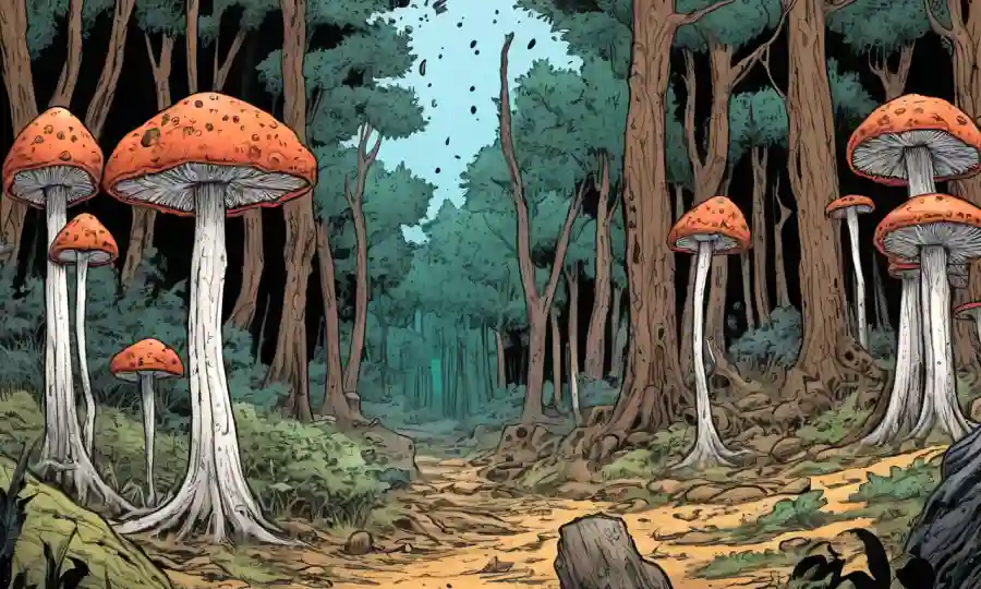 Crecimientos fúngicos que se marchitan en un bosque seco en medio de señales de advertencia.