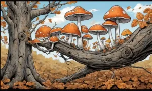 Fungi creciendo en una rama de árboles rodeada de hojas templadas