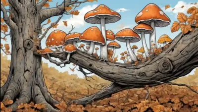 Fungi creciendo en una rama de árboles rodeada de hojas templadas
