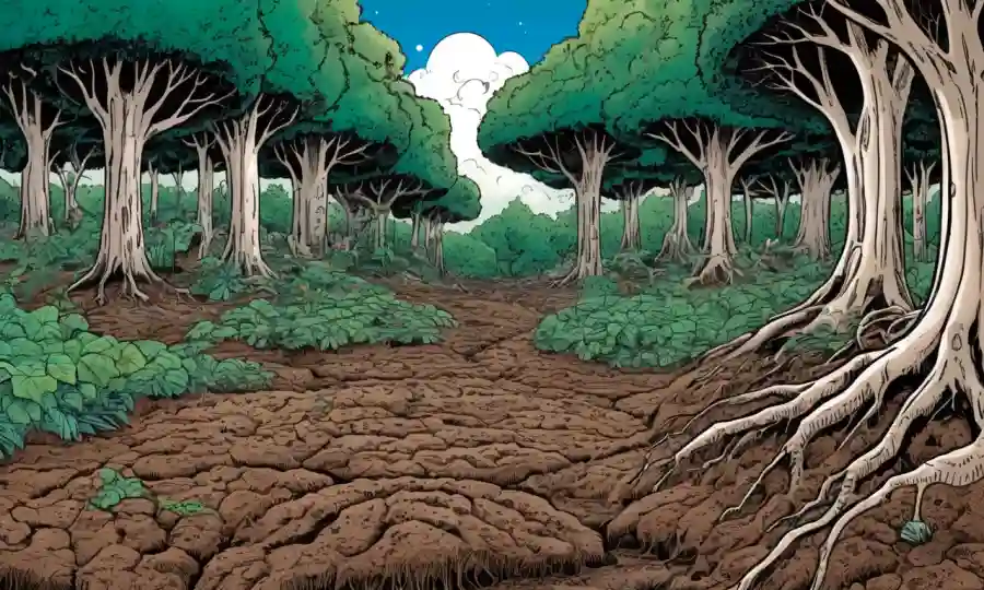 Redes miceliales que se extienden a través del suelo, con árboles y plantas que prosperan en el fondo.