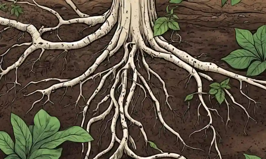 Imagen de micelio (parte vegetal de hongos) que rodea las raíces vegetales, con flechas destacando su conexión con los ciclos de nutrientes.