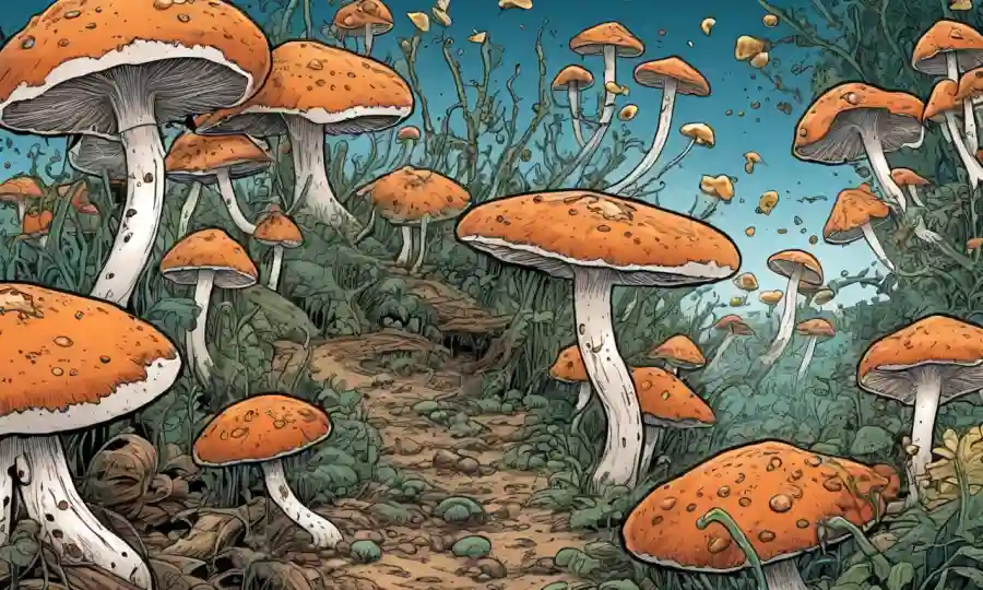 Una vista microscópica de hongos derribando materia orgánica.