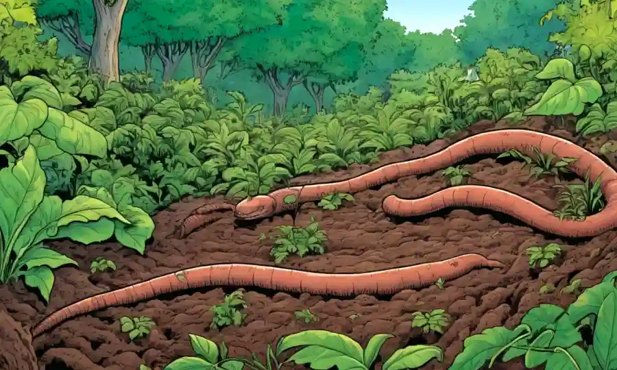 Un gusano de tierra rodeado de vegetación exuberante, con un esbozo débil de estrategias de prevención de la erosión del suelo.