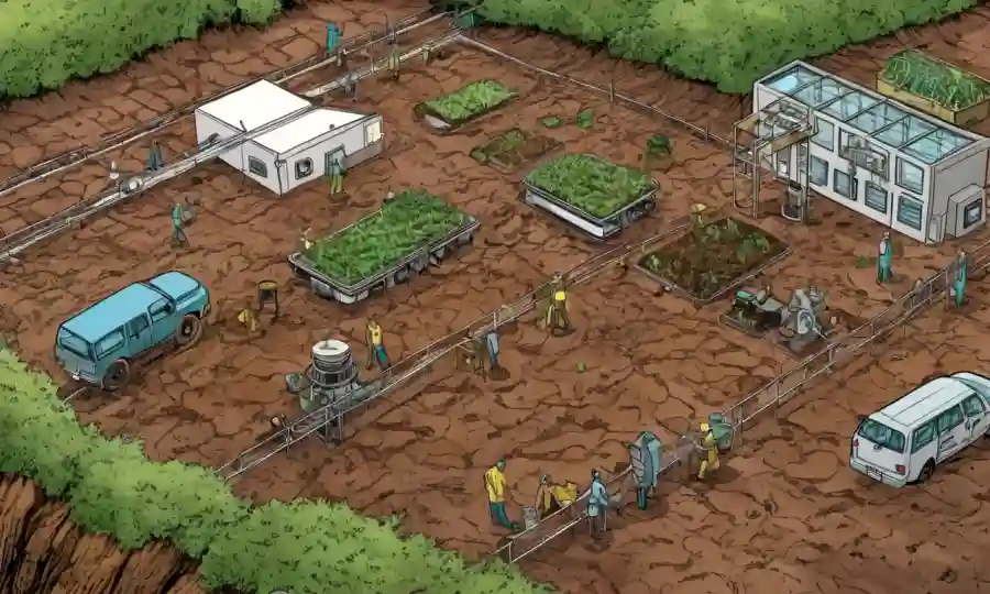 Disparo aéreo de suelo saludable con vegetación, contrastando con áreas erosionadas, rodeadas de equipos científicos e investigadores.