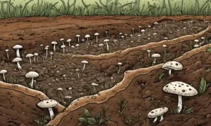 Ilustración científica de las redes de hongos estabilizando el suelo contra la erosión.