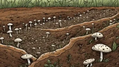 Ilustración científica de las redes de hongos estabilizando el suelo contra la erosión.