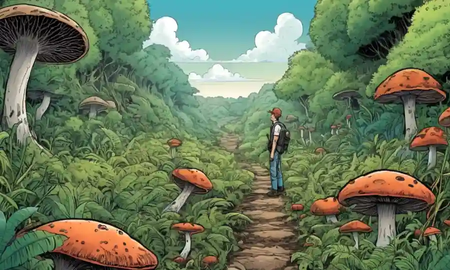Una persona de pie en medio de una vegetación exuberante, rodeada de hongos o terrícolas.