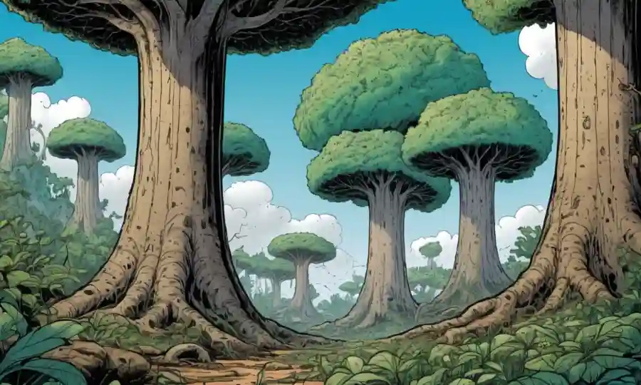 Ilustración de micelio que conecta árboles en medio de ecosistemas terrestres saludables.