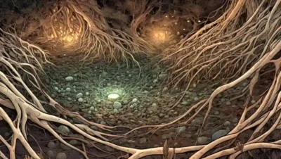 Las redes de micohyphal iluminadas dentro de las texturas terrenales