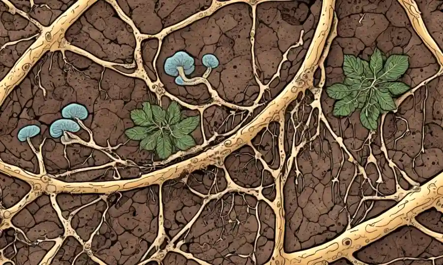 Redes micehal en suelo con hongos microscópicos y raíces vegetales interactuando.