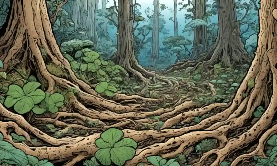 Una visión magnificada de las raíces de plantas de conexión de micelio en un ecosistema diverso.