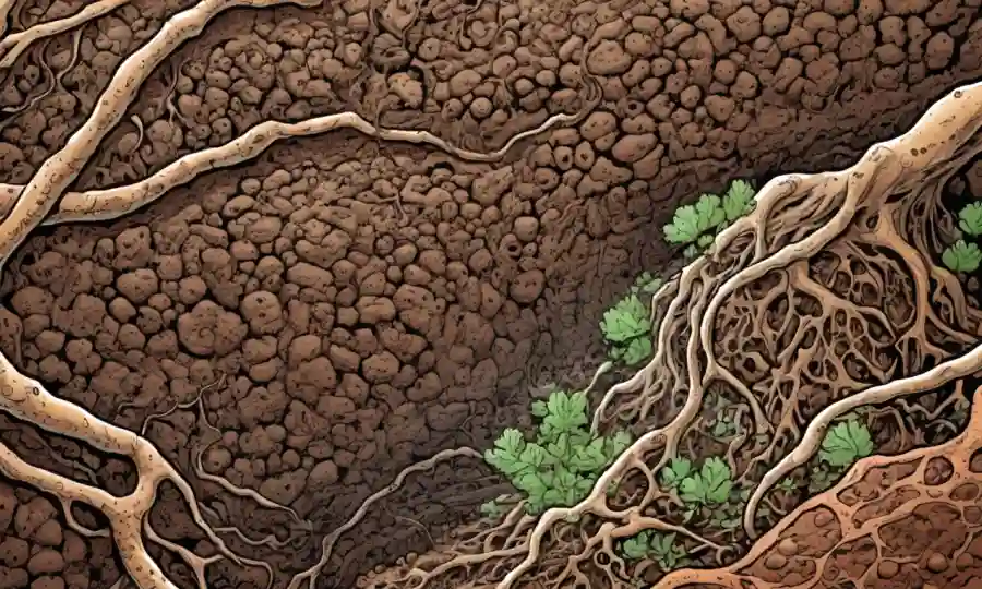 Una imagen microscópica de micelio rodeada de estructuras sanas del suelo.