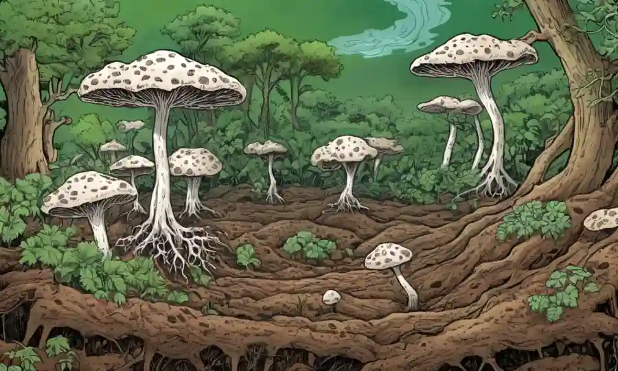 Imagen mostrando micelio (red fúngica) en suelo con vegetación y elementos agrícolas.