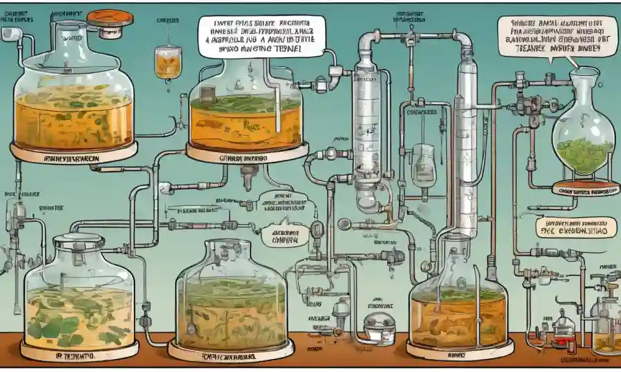 Ilustraciones históricas de procesos de fermentación entre diagramas y diagramas destacando efectos de oxígeno en la fermentación.