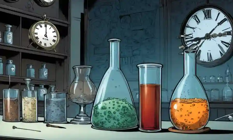 Flasks y platos petri en mesas de laboratorio con un reloj histórico en el fondo.