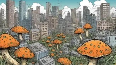 Crecimiento de hongos microscópicos rodeado de grafitos de contaminación por ruido y paisaje urbano.