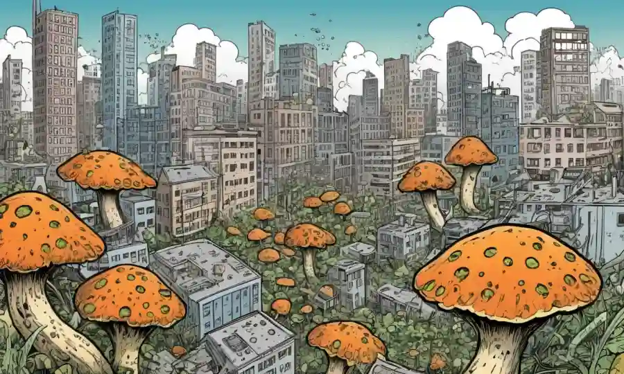 Crecimiento de hongos microscópicos rodeado de grafitos de contaminación por ruido y paisaje urbano.