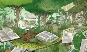 Diagramas científicos y artículos rodeados de vegetación exuberante