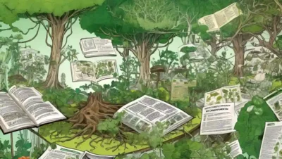 Diagramas científicos y artículos rodeados de vegetación exuberante