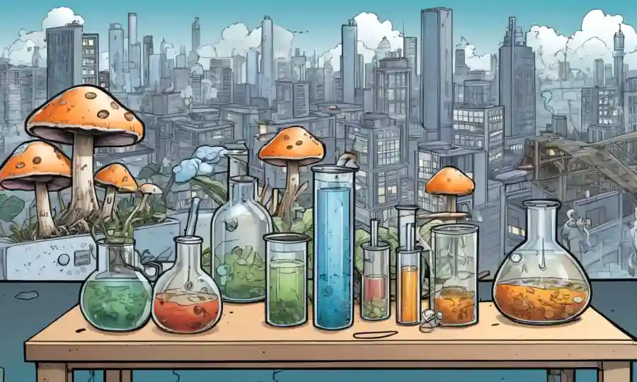 Equipos y gráficos de laboratorio basados en hongos rodeados de paisaje urbano, que representan el impacto biológico y el potencial económico.