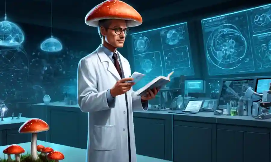 Un científico que sostiene un hongo en un entorno de laboratorio futurista, rodeado de gráficos y diagramas.