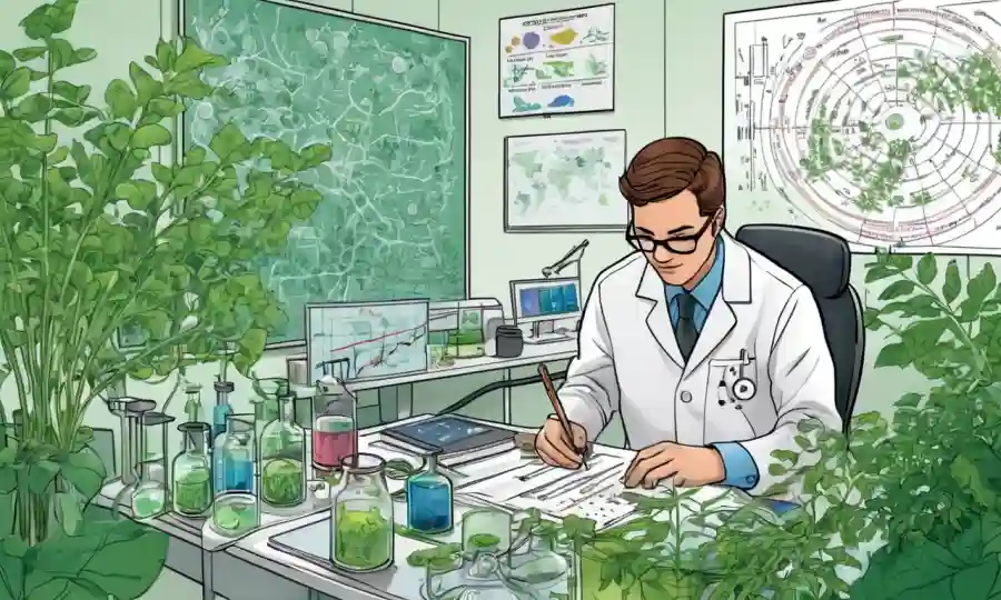 Un científico de laboratorio que trabaja con microorganismos en medio de vegetación, rodeado de datos y gráficos.
