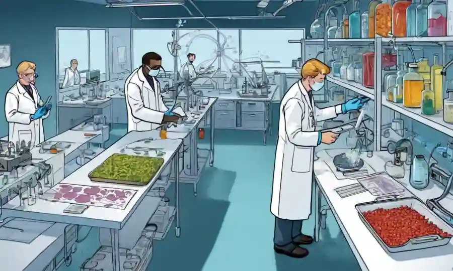 Científicos que estudian patógenos en un entorno de laboratorio con diagramas de distribución global e impacto agrícola.