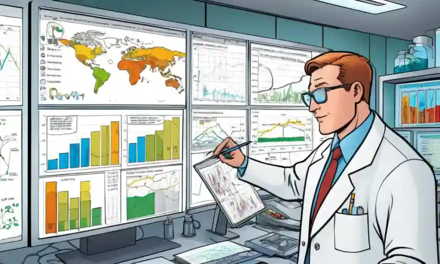 Científico que estudia datos agrícolas en un laboratorio, con gráficos y gráficos en una pantalla.