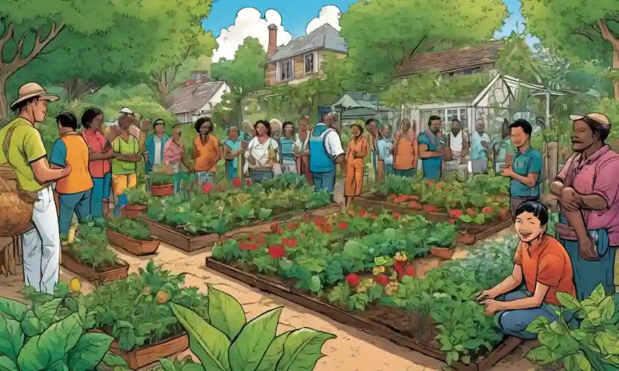 Los miembros de la comunidad agrícola se reunieron alrededor de un jardín, rodeado de exuberante vegetación y símbolos positivos.