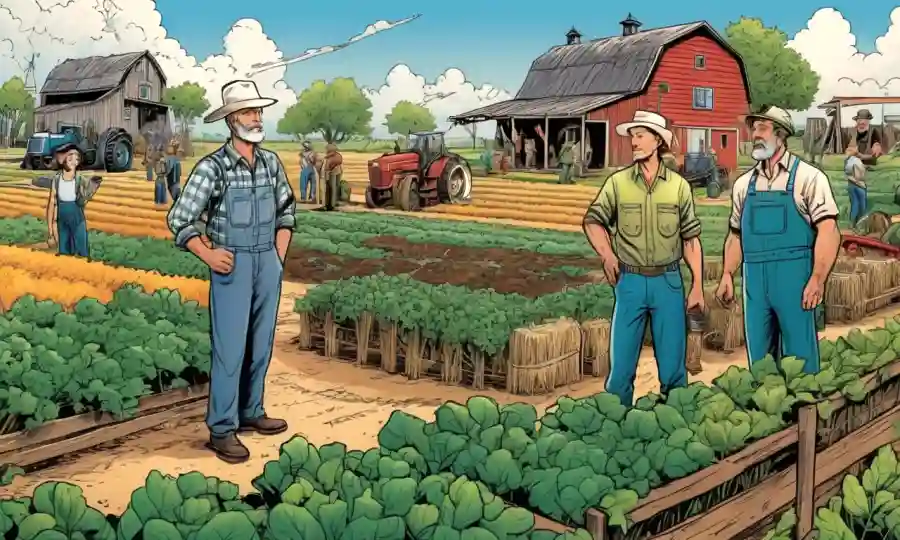 Un grupo de agricultores que aprenden de expertos en un entorno rural, rodeado de elementos agrícolas y ambientales.