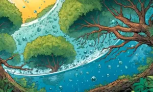 Las células microscópicas interactúan con elementos naturales como el agua y los árboles.