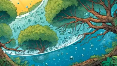 Las células microscópicas interactúan con elementos naturales como el agua y los árboles.