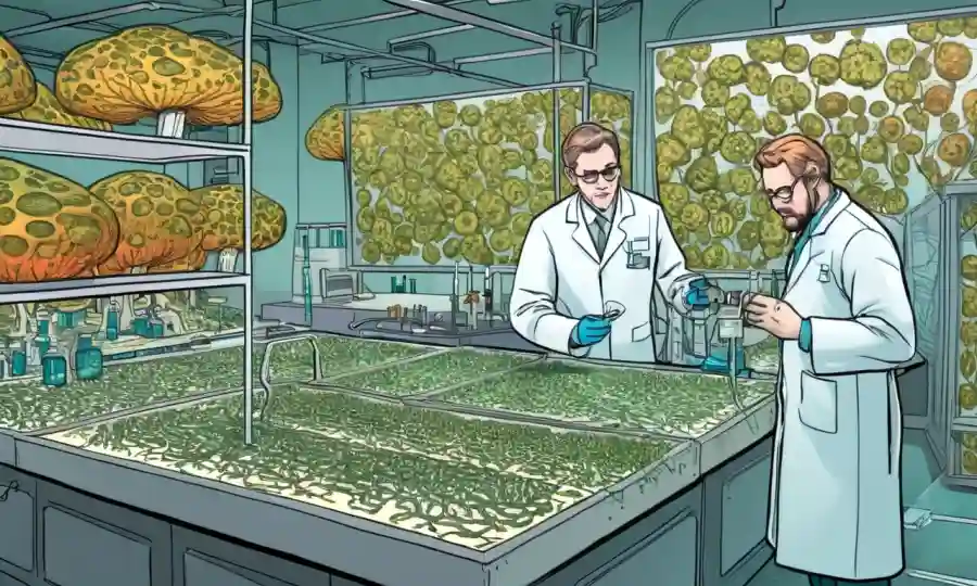 Ilustraciones científicas de redes fúngicas e investigadores que trabajan en laboratorio.