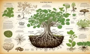 Ilustración de raíces vegetales interactuando con hongos