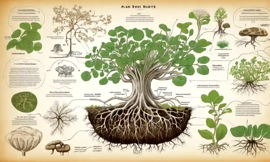 Ilustración de raíces vegetales interactuando con hongos