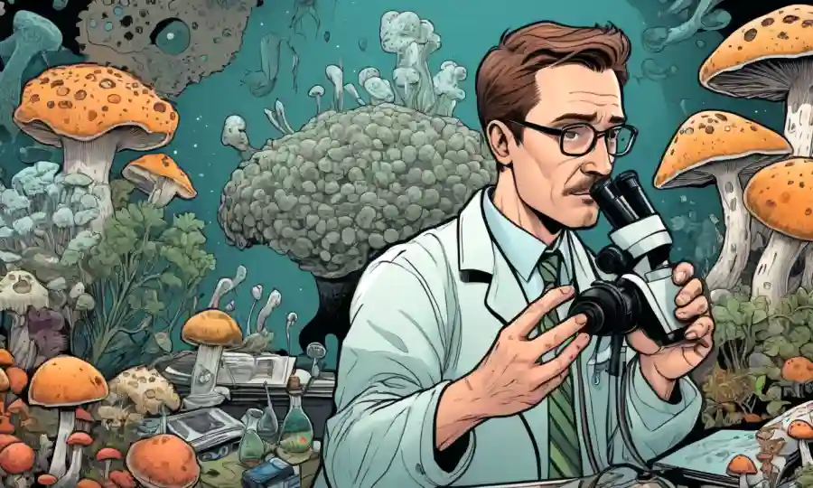 Investigador académico con microscopio, rodeado de imágenes de hongos y estadísticas.