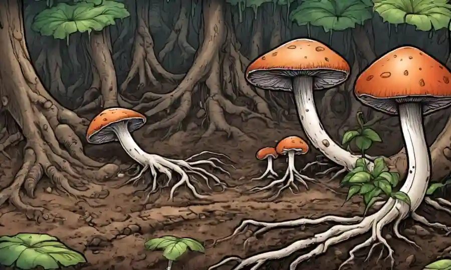 Fungi creciendo alrededor de las raíces vegetales en un ambiente de suelo.
