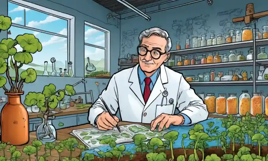 Científico en un laboratorio que estudia hongos rodeados de campos y gráficos agrícolas.