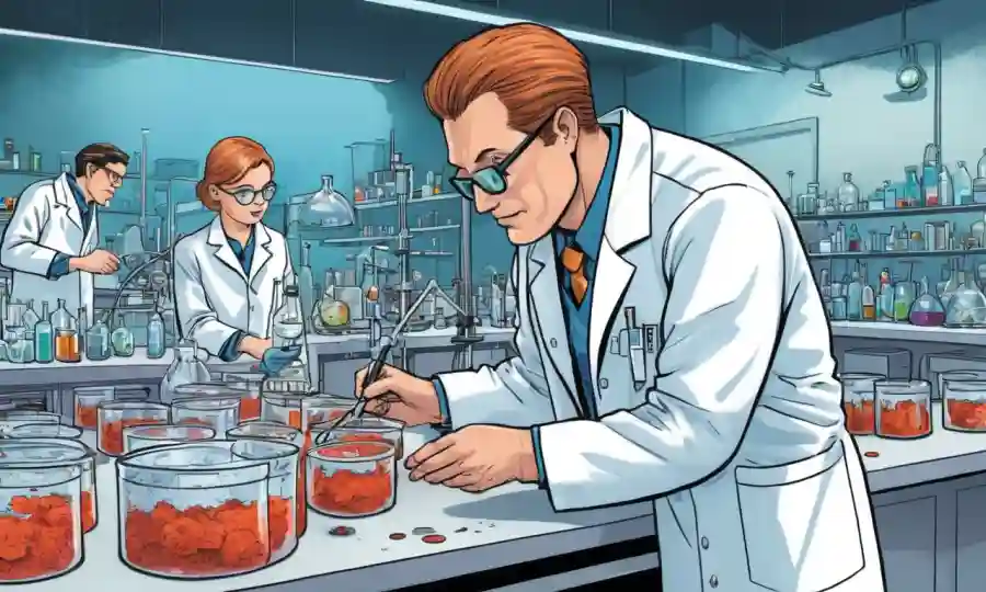 Científicos en capas de laboratorio trabajando con platos petri y culturas fúngicas.