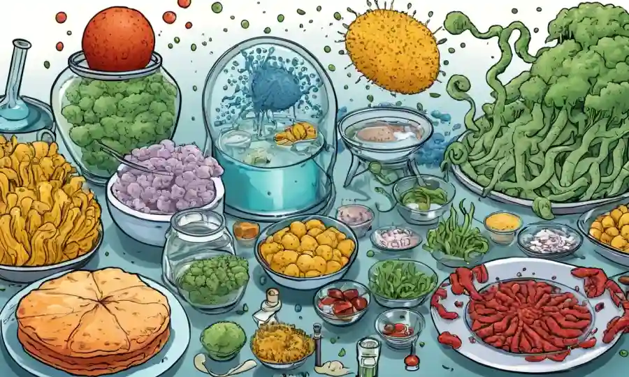 Microorganismos y conceptos de seguridad alimentaria mostrados en un contexto científico.