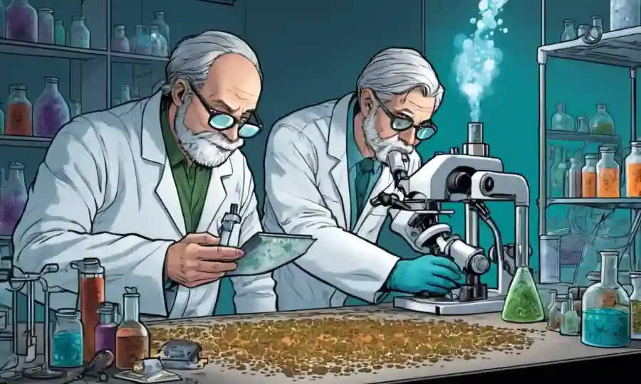 Un científico que estudia esporas en un laboratorio con diversos equipos.